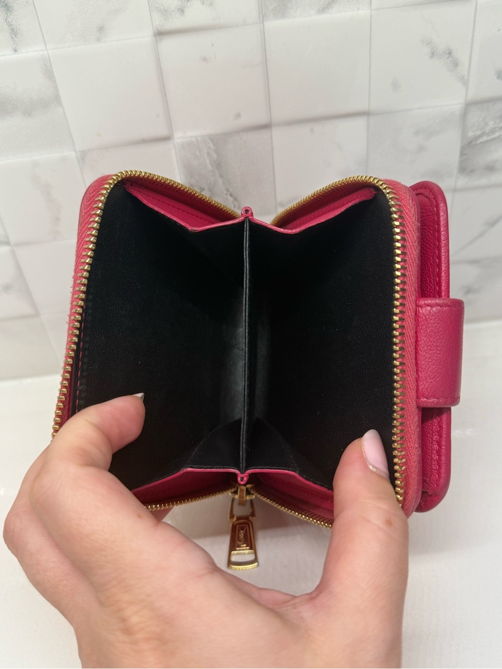YSL Compact Cassandra Wallet with Zipper in Hot Pink - Picture 2 of 6